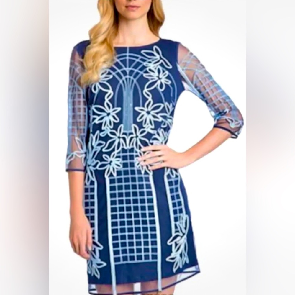 Belle Badgley Mischka Appliqué Embroidered Floral Trellis on Tulle Shift Dress